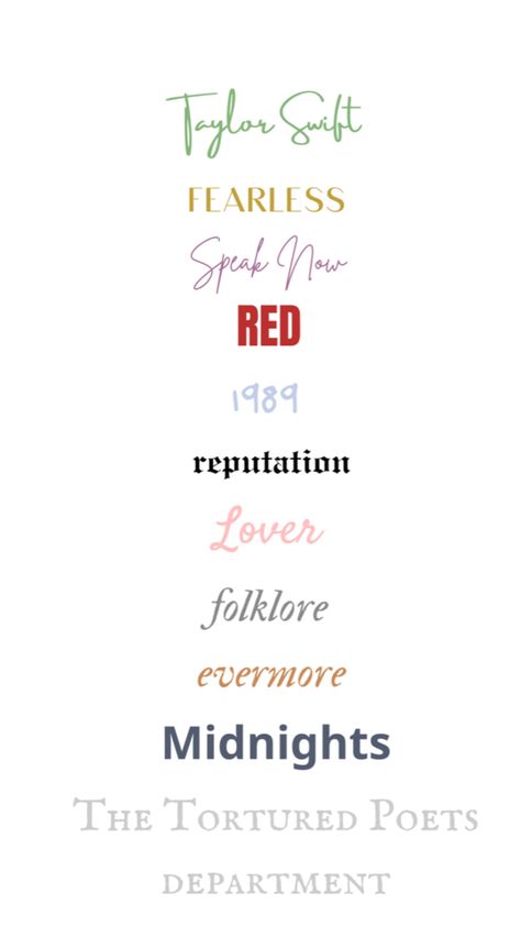 Will try to post the names of each font!🩷 Taylor Swift Album Name Fonts, Taylor Swift Album Names Font, Taylor Swift Album Fonts, Taylor Swift Album Titles, Taylor Swift Fonts, Jurnal Visual, Album Names, Taylor Name, Fan Ideas