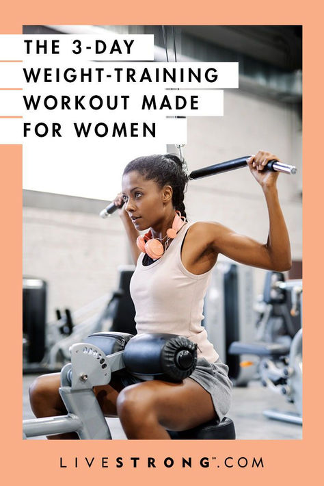 If you've been slaving over a cardio machine for the past few months, it's time to break out of your routine. Try this three-day weight-training workout for women. Gym Weightlifting Plan For Women, Beginner Weight Training Plan, Women's Beginner Weight Training Plan, Beginner Workout Weights, Weight Training Workouts For Women Gym Personal Trainer, Weight Machine Workouts For Women Exercise Routines, 3 Day Womens Gym Workout, Women Weightlifting Routine, 3 Days A Week Workout Plan Gym Weight Training