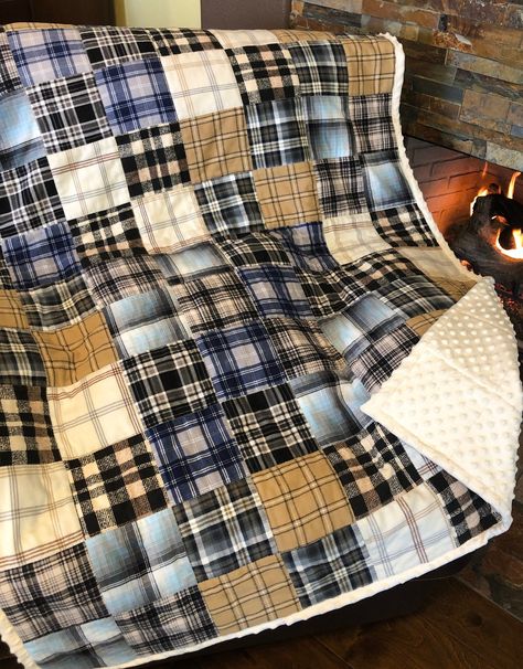 This multi-patterned patchwork flannel quilt top is very engaging with so many shades and plaid patterns. The top stitch is zig-zag stitch. The beige minky backing blends perfectly with the front and it's so snuggly and soft everyone will want to use it! This quilt is perfect as a couch throw for reading a book, watching a movie, sitting around a bonfire, backyard picnics or studying.  And don't forget about needing a blanket for Sunday afternoon naps! This size is a great for a toddler bed. Mea Bonfire Backyard, Quilts For Men Patterns, Flannel Quilt Patterns, Amish Quilt Patterns, Patchwork Flannel, Flannel Quilts, Plaid Quilt, Cabin Quilt, Amish Quilts