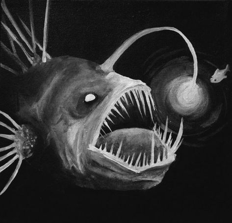 Scary Sea Creatures Art, Angler Fish Reference, Deep Sea Monsters Art, Fish With Light On Head, Scary Sea Animals, Deep Sea Fish Drawing, Ocean Fish Photography, Angler Fish Painting, Cool Fish Drawing