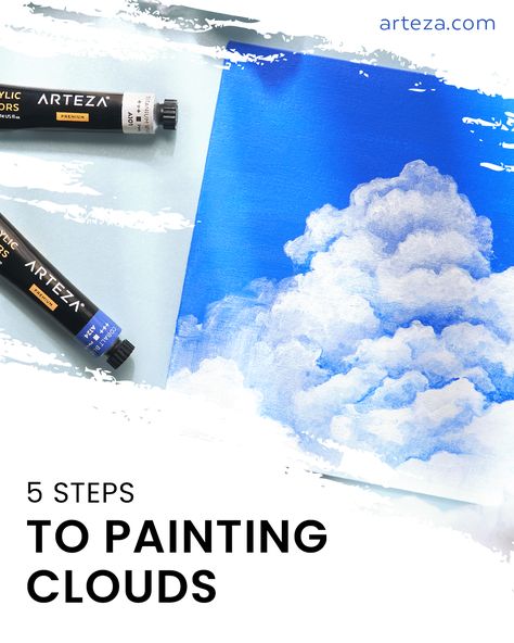 Get your head out of the clouds and into this tutorial! Learn with Arteza how to capture the fluffy clouds in the sky right on your surface. How To Paint Fluffy Clouds, Gouache Clouds Tutorial, Gouache Clouds, Art Kid Aesthetic, Acrylic Clouds, Painting Skies, Texture Painting Techniques, Painting Clouds, Canvas Art Painting Acrylic