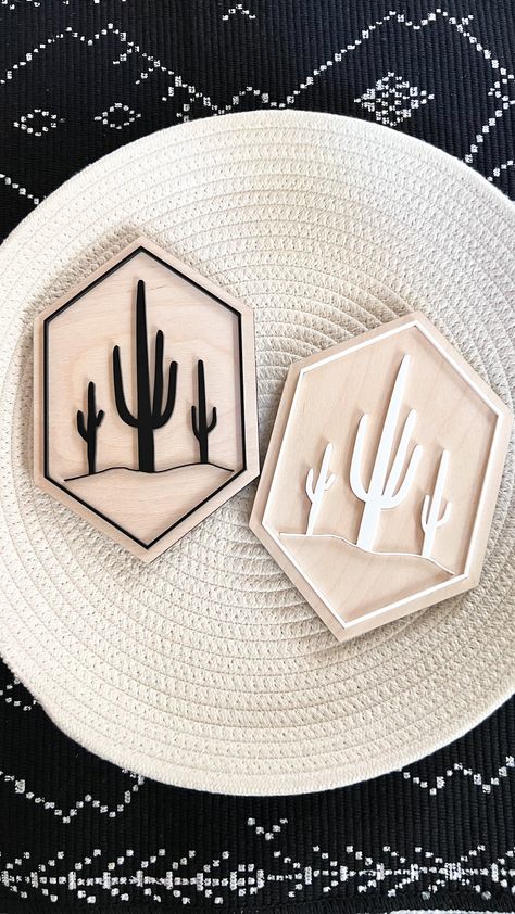 Handmade with care, this unique item is a must-have for anyone who loves to add a touch of nature to their decor. Available in black and white, full acrylic or natural wood background, this product is versatile and can easily complement any room in your home. The laser cut acrylic cactus adds a modern and stylish touch to the piece, making it a great conversation starter for guests. The natural wood background and the full acrylic option creates a sleek and contemporary look. All our items are h Customized Wood Gifts, Laser Home Decor, Laser Design Ideas, Laser Wood Signs, X Carve Projects, Laser Acrylic Ideas, Laser Projects To Sell, Xtool S1 Project Ideas, Cnc Projects Ideas