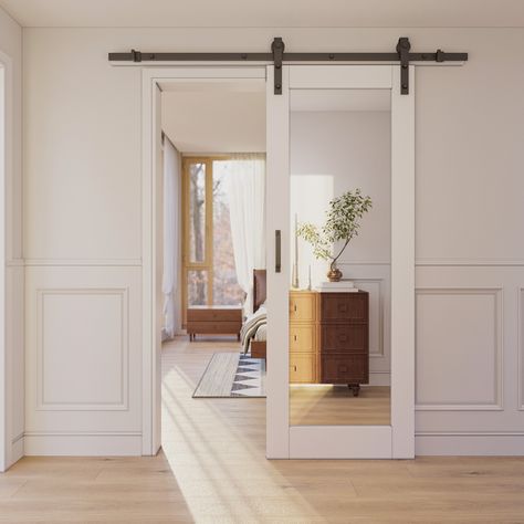 You'll love the 80'' Glass Mirrored Solid Manufactured Wood with Installation Hardware Kit Barn Door(No Assembly Required) at Wayfair - Great Deals on all Home Improvement products with Free Shipping on most stuff, even the big stuff. Pine Wood Door, Barn Door Bathroom, Mirror Barn Door, Bedroom Barn Door, Bathroom Barn Door, Barn Door Closet, Glass Barn Doors, Door Fittings, Wood Door