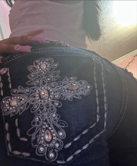 Miss Me Jeans Rhinestones, Rhinestone Cross Jeans, Rhinestone Pants Outfit Ideas, Jeans With Jewels On Back Pockets, Y2k Bootcut Jeans Outfit, Miss Me Jeans Outfit Y2k, Blinged Jeans, Mexican Jeans, Miss Me Jeans Outfit