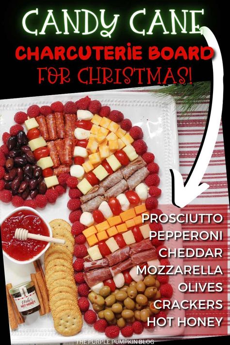 Are you ready to spread some holiday cheer this season? If your answer is yes, then I've got a wonderful idea for your next party: a Candy Cane Charcuterie Board! Not only will this make a fantastic addition to your buffet table during the holidays, but it'll also give everyone something delicious and visually appealing to snack on. A variety of cured meats, cheeses, olives, and fruit are laid out to look like a candy cane and is so much fun to prepare! Candy Cane Charcuterie Board, Candy Cane Charcuterie, Charcuterie Board For Christmas, Antipasti Platter, Salami And Cheese, Purple Pumpkin, Great Appetizers, Cured Meats, Superbowl Party