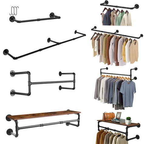 Pipe Closet, Pipe Clothes Rack, Store Shelves Design, Hanging Coat Rack, Clothing Store Interior, Closet Renovation, Hanging Closet, Hanging Bar, Industrial Pipe