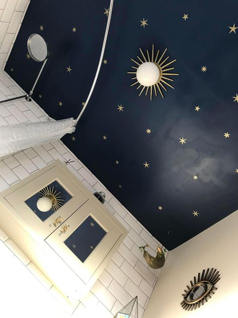 Stargazing Ideas, Bathroom Dark Blue, Bathroom Dark Green, Celestial Bathroom, Celestial Goth, Green Celestial, Goth Bathroom, Celestial Wallpaper, Celestial Room