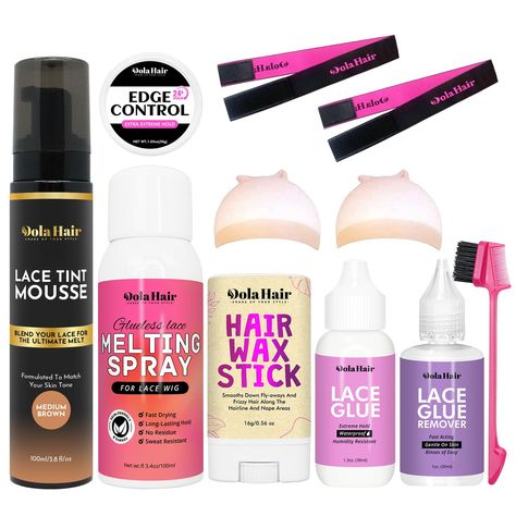 PRICES MAY VARY. Dolahair wig kit for lace front wigs complete set includes: 1x medium brown lace tint mousse, 1x lace melting spray, 1x wig glue, 1x glue remover, 1x30g hair wax stick, 1x 30g edge control, 1xedge brush, 2xHD wig caps, 2x lace melting bands 【Tint your lace & define your baby hairs】 You’ll never have to apply makeup to your lace ever again! Dolahair Hide Out Lace Tint Mousse makes it easy to achieve a natural-looking install by making it look as if your lace wig is growing out of Wig Essentials, The Best Edge Control, Wig Kit, Best Edge Control, Wig Installation, Lace Glue, Hair Wax Stick, Wig Glue, Glue Remover