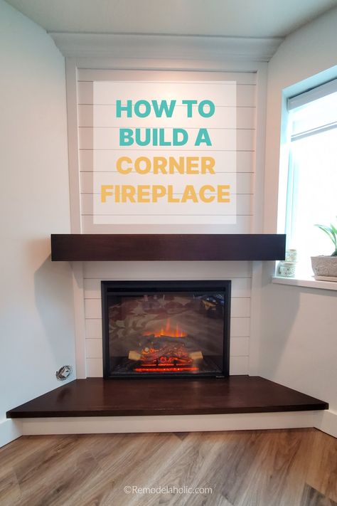 This corner fireplace is a great build to add style and extra warmth to any corner of the house. The electric fireplace insert makes the install so easy and is much less expensive than adding a gas fireplace, and the shiplap fireplace surround and hidden storage mantel hide all the cords for the TV above the fireplace. Get the full woodworking plans and tutorial at Remodelaholic.com Corner Built In Fireplace And Tv, Corner Fireplace Insert Ideas, Corner Fireplace With Mantle, Diy Corner Fireplace With Tv, Built In Fireplace And Tv Diy, Build A Corner Fireplace, Shiplap Fireplace Surround, Tv Above Fireplace Ideas, Diy Corner Fireplace