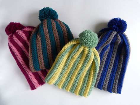 Crochet Spot » Blog Archive » Free Crochet Pattern: Easy Striped Hat (3 Sizes) - Crochet Patterns, Tutorials and News Crochet Striped Hat, Ribbed Crochet Beanie, Quick Projects, Crochet Ornament Patterns, Ribbed Crochet, Striped Hat, Easy Crochet Patterns Free, Crochet Abbreviations, Medium Weight Yarn