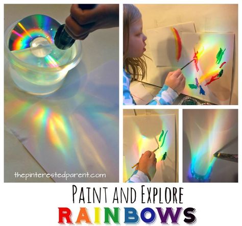 Make, explore and paint rainbows. Use a CD, water and sunlight or a flashlight to cast rainbows, study and paint with watercolors. A great piece of process art for kids. Art and science, STEAM projects for preschoolers. Vetenskapliga Experiment, Rainbow Experiment, Rainbow Activities, Sistem Solar, Steam Projects, Painted Rainbow, Steam Activities, Preschool Science, To Cast