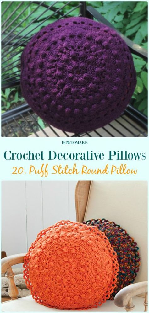 Puff Stitch Round Pillows Crochet Free Pattern - #Crochet; Decorative #Pillow; Free Patterns Round Crochet Pillow Patterns, Crochet Mandala Pillow Free Pattern, Crochet Round Cushion Cover, Round Crochet Cushion Free Pattern, Crochet Round Pillow Cover, Crochet Pillow Round, Free Crochet Pillows, Crochet Round Pillow Pattern Free, Crochet Round Pillow Pattern