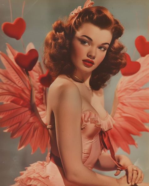 Cupid Burlesque, Vintage Cupid Costume, Vintage Vampire Art, Showgirl Art, Vintage Women Illustration, Pin Up Poses Reference, Vintage Pin Up Photography, Cupid Photoshoot, Pinup Aesthetic