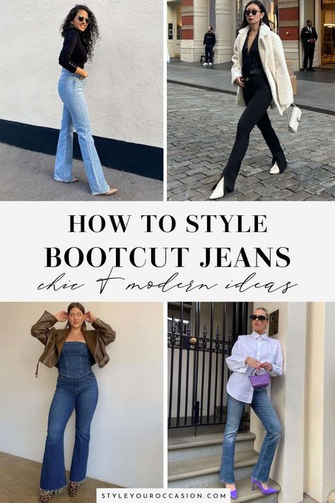 2023 Bootcut Jeans Outfit, Flair Jeans With Boots, Bootcut Jeans And Heels Outfit, Bootleg Jeans Outfit Summer, Boot Cut Black Jeans Outfit, Shoes For Boot Cut Jeans, Denim Bootcut Jeans Outfit, Style Bootcut Jeans Outfit Ideas, Bootcut Jeans Outfit 2023