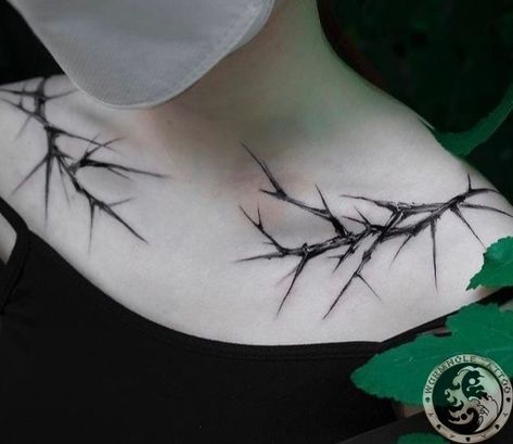 Thorn Neck Tattoo, Dark Elf Tattoo, Cyberciligism Tattoo, Thorn Tattoo, Clavicle Tattoo, Emo Tattoos, 4 Tattoo, Creepy Tattoos, Collar Bone Tattoo