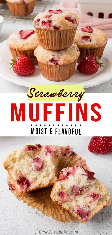 These incredible strawberry muffins are soft, moist, and packed with fresh strawberries. Strawberry Muffins With Cake Mix Boxes, Strawberry Mini Muffins, Frozen Strawberry Muffins, Strawberry Muffins Recipes, Banana Strawberry Muffins, Strawberry Blueberry Muffins, Strawberry Muffins Easy, Homemade Strawberry Muffins, Toddler Baking