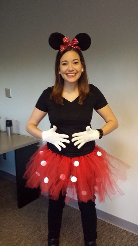 Easy DIY Minnie Mouse costume! DIY red tulle tutu with white adhesive felt circles, mouse headband (easy DIY with red & white polka dot ribbon or $10 purchase), and white gloves. I wore to work, but it could easily be made to go out, too. Fun! Diy Mini Mouse Costume Adult, Red Tutu Costume Halloween, Womens Minnie Mouse Costume, Diy Minnie Mouse Costume For Women, Red Tutu Costume, Mouse Costume Diy, Diy Minnie Mouse Costume, Minnie Mouse Kostüm, Minnie Mouse Costume Diy