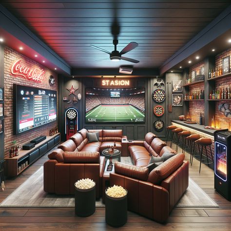 Visualize the perfect man cave, complete with a large flat-screen TV, a plush leather sofa, and a stocked bar. Other features include a pool table, dart board, arcade games, a popcorn machine, and loads of sports memorabilia. This space is the ultimate relaxation haven. 

#ManCave #HomeBar #ArcadeGames #PoolTable #SportsMemorabilia #EntertainmentRoom Man Cave Tv Wall Ideas, Sports Basement Ideas, Man Cave Tv Wall, Arcade Setup, Sports Memorabilia Room, Game Room Garage, Garage Bar Ideas, Classy Man Cave, Home Theater Basement