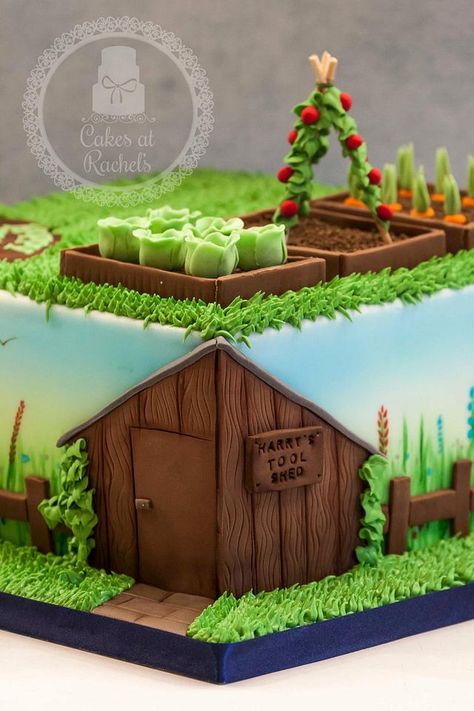 Garden Themed Cake, Allotment Cake, Garden Theme Cake, Garden Birthday Cake, 70th Birthday Cake, Dad Birthday Cakes, Farm Cake, Garden Cakes, House Cake