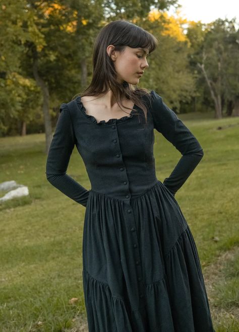 Juliette Dress in Black Silk Noil – Of Her Own Kind Victorian Romance, Silk Noil, Victorian Clothing, Raw Silk, Black Silk, Asymmetric Hem, Simple Dresses, At Night, Fashion Inspo Outfits