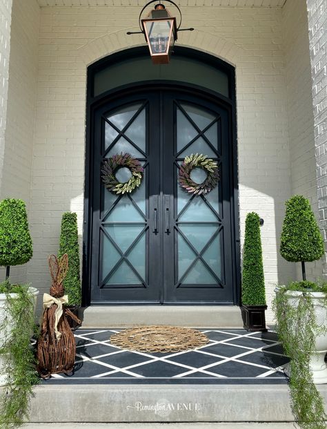 spring front porch with faux topiaries Easter Front Porch Decorations, Easter Front Porch Decor, Easter Front Porch, Easter Porch Decor, Outdoor Urns, White Urn, Porch Living, Recording Studio Home, Double Entry Doors