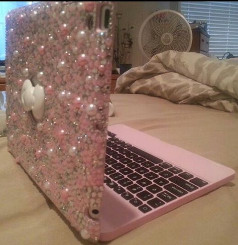 Deco den ipad keyboard case all done Laptop Decoration Ideas, Laptop Decoration, Bling Phone Cases, Rhinestone Projects, Pink Laptop, Asian Wedding Dress, Trashy Y2k, Step Mom, Pretty Phone Cases