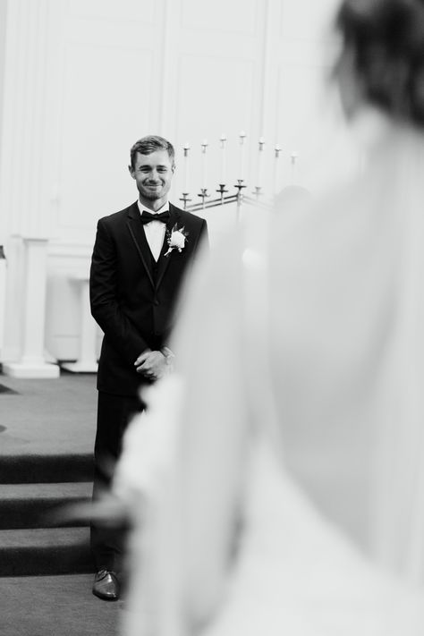 Groom cries as he sees bride walk down the aisle Groom Sees Bride Walking Down Aisle, Groom Watching Bride Walk Down The Aisle, Bride Inspo Wedding Photos, Groom Looking At Bride Down Aisle, Groom Seeing Bride Down Aisle, Wedding Bride Walking Down The Aisle, Bride Walking Down The Aisle Photography, Groom Wedding Day Photos, First Look Down The Aisle