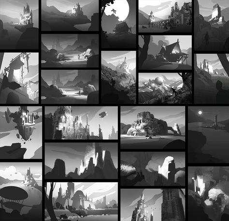 Freelance Talents: Composition Thumbnail Artworks Composition Thumbnails, Environment Sketch, Environment Painting, Concept Art Tutorial, Landscape Sketch, Value In Art, Landscape Concept, Digital Painting Tutorials, Matte Painting