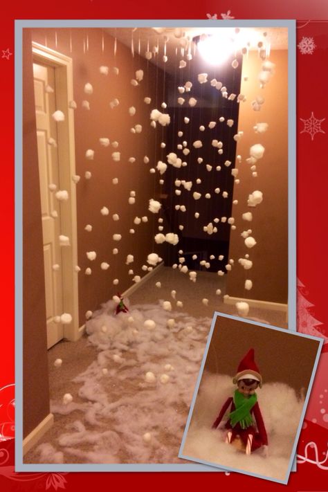 Elf on the shelf makes it snow! Our house is a snow globe Snow Elf On The Shelf Ideas, Elf On The Shelf Snow, Elf Stuff, Snow Inside, Elf Shenanigans, Impatiently Waiting, Awesome Elf On The Shelf Ideas, Elf Magic, Xmas Elf