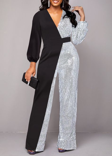 ROTITA Sequin Black Long V Neck Jumpsuit | Rotita.com - USD $47.98 Long Black Jumpsuit, George Straight, Seafood Sauce, V Neck Jumpsuit, Classy Jumpsuit, 2piece Outfits, Trendy Jumpsuit, Long Jumpsuit, Wedding Jumpsuit