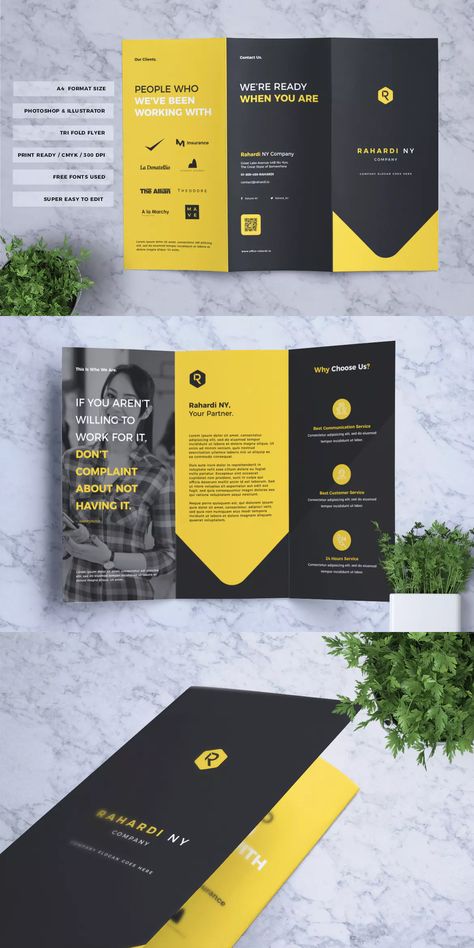 Corporate Business Trifold Flyer Template AI, EPS, PSD - A4 format paper size - Trifold design - Easy text layout edit Yellow Brochure Design, Broshor Design Layout, Flyer Simple Design, Business Trifold Brochure, Trifold Pamphlet Design, Flyer Design Layout Templates, Trifold Flyer Design, A4 Brochure Design, Simple Layout Design