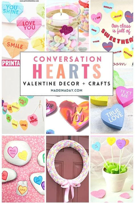 Get crafty and whip up some fun conversation hearts decorations for your home! This classic treat is the perfect medium to make fun Valentines Day art or decor! Conversation heart crafts, conversation heart decor, Conversation heart decorations, Conversation hearts decor Conversation Hearts Decorations, Conversation Heart Crafts, Conversation Hearts Decor, Heart Decorations Diy, Conversation Hearts Crafts, Valentine Conversation Hearts, Hearts Decorations, Hearts Decor, Valentines Day Art