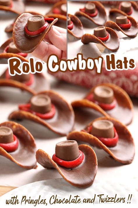 Chocolate Dip Pringle Cowboy Hat, Chocolate Pringle Cowboy Hat, Chocolate Pringles Cowboy Hats, Rolo Candy Crafts, Western Cake Pops Cowboy Birthday, Cowboy Hat Pringles, Cowboy Theme Party Snacks, Cowboy Theme Appetizers, Western Dessert Recipes