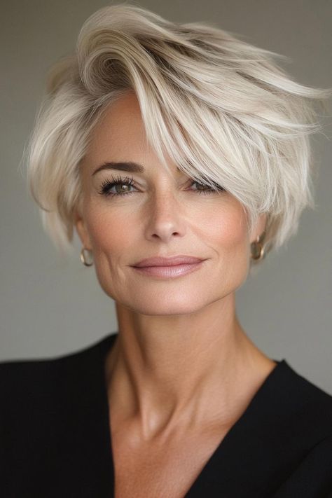 40 Chic Short Hairstyles for Older Women Older Women With Blonde Hair, Stylish Short Bob Hairstyles, Short Haircut Side Part, Short White Hair For Older Women, Blonde Over 50, Hairstyles For Short Bob, Textured Bob Short, Short Blonde Hair Bobs, Platinum Short Hair