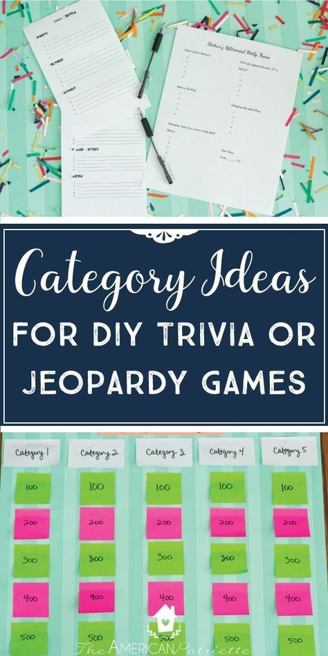 Category Ideas for DIY Trivia or Jeopardy Games, group party game ideas, fun group game ideas, fun group activity, birthday party activity ideas, fun party activities for adults Trivia Games For Adults, 40th Birthday Party Games, Party Games Group, Hospitality Ideas, Homemaking Ideas, Diy Party Games, Games Group, Birthday Games For Adults, Jeopardy Game