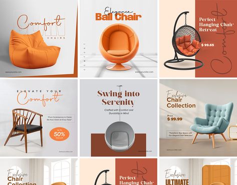 Bean Chair, Hanging Chair, Ball Chair, Sofa, Wooden Chair Travel Advertising Design, Sofa Wooden, Furniture Graphic, Bean Chair, Travel Advertising, Media Poster, Travel Poster Design, Furniture Ads, Ball Chair