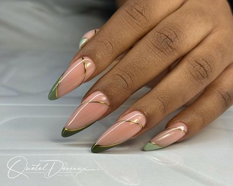 A few shades of green and gold ! Design inspired by a picture my client brought in. . . . I used @uglyducklingnails to create this look… | Instagram Gold Tip Nails, Green And Gold Design, Gold Chrome Nails, Acrylic Nail Powder, Formal Nails, Green Nail Designs, Modern Nails, Stiletto Nails Designs, Work Nails