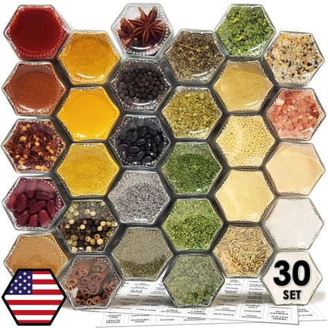 PRICES MAY VARY. COMPLETE MAGNETIC SPICE RACK SET OF 30 SMALL HEXAGON GLASS SPICE JARS FOR CREATE A DIY HANGING SPICE RACK ON YOUR OWN FRIDGE, REFRIGERATOR, CABINET AND WALL MOUNT: 30 Complete Sets including 30 pcs Clear Hexagon Glass Jars with Airtight & Leak Proof Magnetic Lids + 30 pcs Shakers + 160 pcs Transparent Pre-printed Spice Labels included. HIGH STRENGTH MAGNETS WITH STYLISH HEXAGON JARS SAVING YOUR VALUABLE KITCHEN SPACE: Our spice jars include an ultra-strong neodymium magnet secur