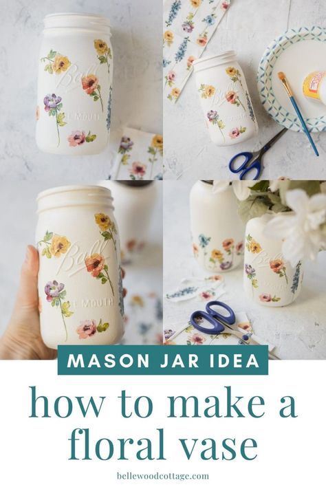 Mason jars make beautiful vases or centerpieces and this garden-inspired DIY Floral Mason Jar Vase Idea is so easy to create. You don't need to know how to paint florals to achieve the sweet decorations on this mason jar craft! This project is great for crafting together at a party or making as a handmade gift for Mother's Day. Mason Jars Painted Diy, Modge Podge Mason Jars Diy, Diy Vase From Glass Jar, Mason Jar Dried Flowers, Tip Jar Decorating Ideas, Mod Podge Mason Jars Diy, Mason Jar Ideas For Weddings, Mason Jar Upcycle, Mother’s Day Mason Jar Craft