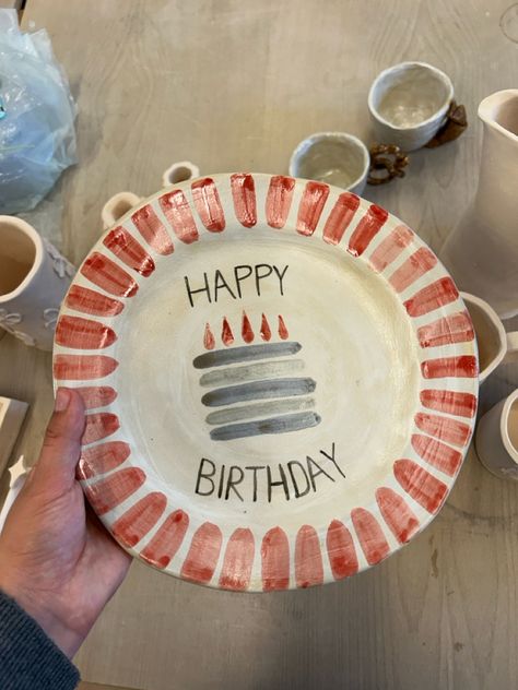 Just made a ceramic birthday plate for everyone in my family to use! Happy Birthday Plate Ceramic, Happy Birthday Pottery Plate, Happy Birthday Plate Diy, Happy Birthday Ceramic Plate, Birthday Plate Ceramic, Ceramic Birthday Plate Diy, Birthday Plate Painting Ideas, Birthday Plate Design, Pottery Painting Ideas Birthday Plate