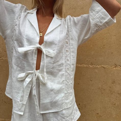 Women’s Casual 2 Piece Outfits 3/4 Sleeve Tied Knot Front Half Sleeve Lapel Neck Shirt with Loose Two Piece Outfits Shorts, Pinterest Trends, Summer Sewing, Linen Short, Trending Dresses, Outfit Inspirationen, Half Sleeves, Lace Detail, Outfit Inspirations