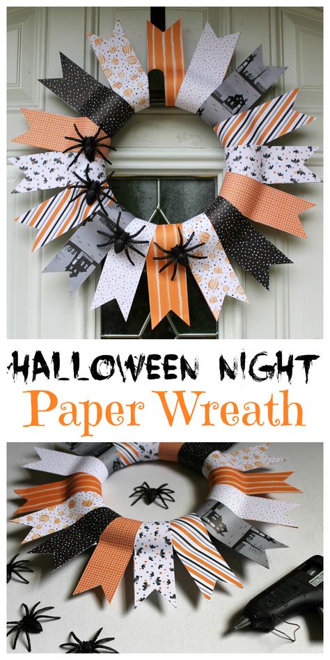 Check out the tutorial and learn how to make this Halloween Paper Wreath. [sponsored] Halloween Paper Wreath, Halloween Cardstock Crafts, Halloween Paper Crafts For Adults, Diy Halloween Paper Crafts, Autumn Paper Crafts, Paper Crafts Halloween, Mason Jars Halloween, Halloween Paper Decorations, Paper Wreath Tutorial