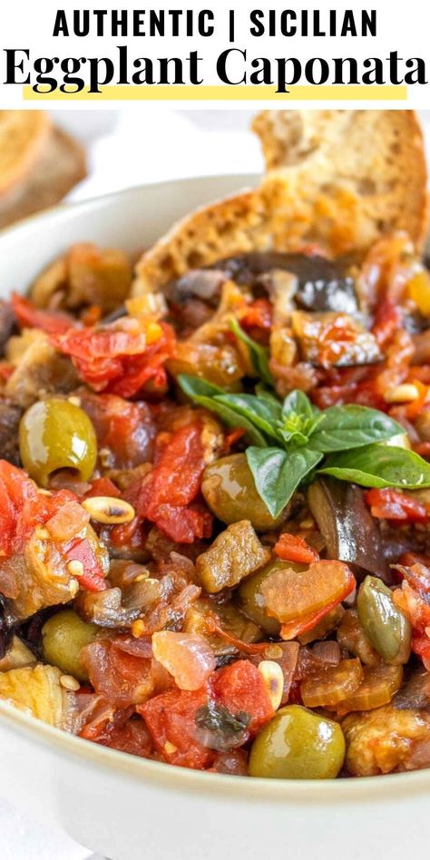 Caponata is an Italian eggplant salad with a delicious sweet and sour flavor. We make it with oven-baked eggplant (instead of deep-fried) in less than 45 minutes.Serve it as a starter, side dish, or as a complete meal on pasta or bread. Try it, and let us know what you think. Italian Caponata Recipe, Sicilian Eggplant Caponata Recipe, Fresh Eggplant Recipes, Caponata Recipe Eggplant, Authentic Italian Side Dishes, Small Eggplant Recipes, Sicilian Caponata Recipe, Italian Eggplant Recipes, Italian Sides