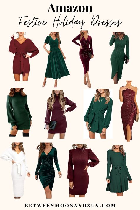 Classy and festive holiday dresses from Amazon for your special moment this season. Find the perfect dress for your Christmas family gathering, New Year's Eve, or the company Christmas party. Red, green or golden, sparkly or formal and modest - here you can find a dress for every need. #HolidayDress #ChristmasOutfit #ChristmasParty #FestiveDress Women's Holiday Dress, Office Christmas Party Dresses, Semi Formal Christmas Party Outfit Women, Christmas Outfit For Church, Holiday Party Dresses Classy, Modest New Years Outfit, Christmas Eve Outfits Dressy, Christmas Formal Outfit, Christmas Eve Church Outfit