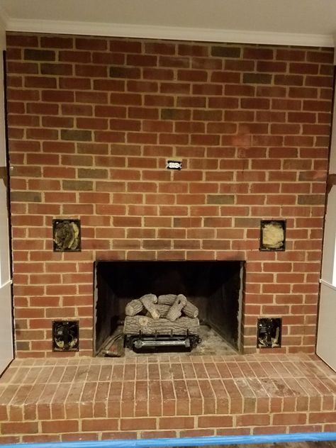 Remove or Cover Up Old Heatilator Vents | Hearth.com Forums Home Removing Hearth From Fireplace, Heatilator Fireplace Remodel, Fireplace With Vents In Brick, Covering Brick Fireplace, Old Fireplace Ideas, Cover A Fireplace, Built In Bookcases Around Fireplace, Bookcases Around Fireplace, Removing Fireplace