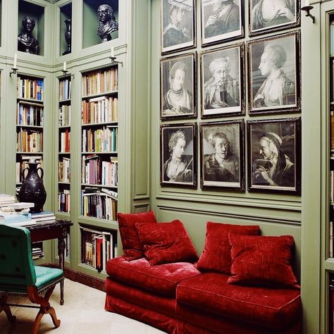 Richard Shapiro Studiolo on Instagram: “I love the improbable combination of the garnet red banque against the apple green boiserie in this 18-century apartment on the Left Bank…” Red Sofa Living Room, Red Couch Living Room, Green Interior Decor, London Home Decor, Red Interior Design, Earthy Home Decor, Green Apartment, House In London, Green Interior Design