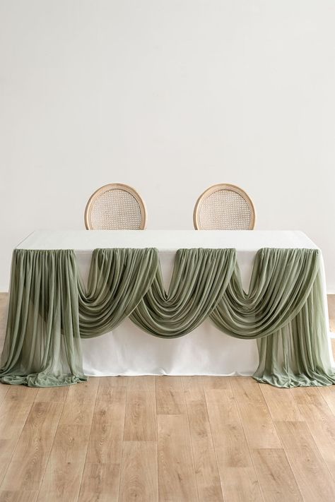 Cheesecloth Draping Wedding, Green Runner Wedding Table, Cheesecloth Table Runner Wedding, Scalloped Table, Table Floral Decorations, Table Swag, Reception Table Settings, Head Table Decor, Head Table Wedding