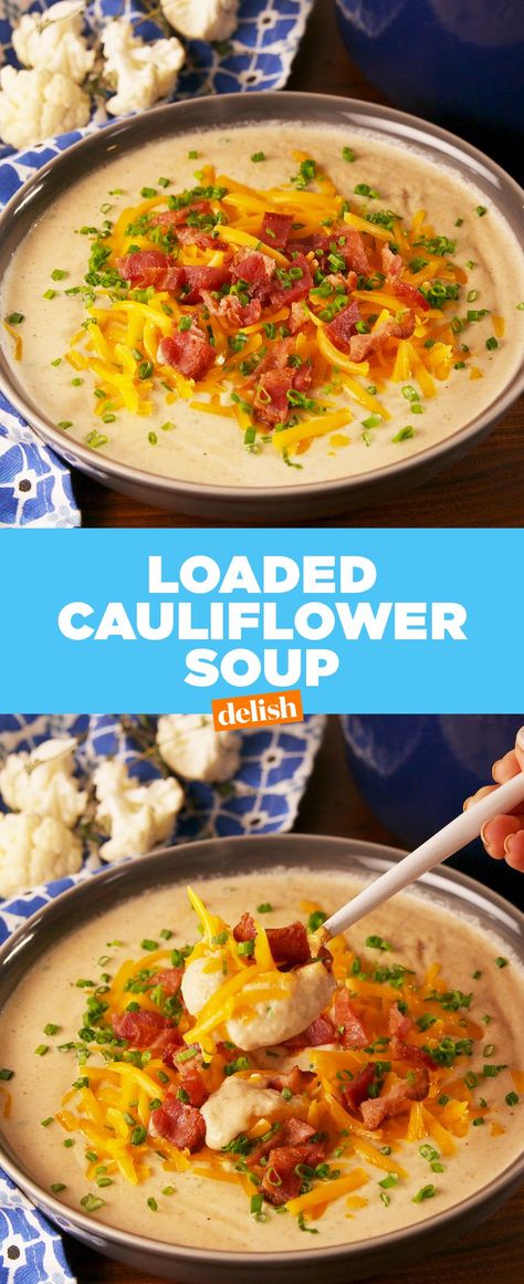 Loaded Cauliflower SoupDelish Loaded Soup, Loaded Cauliflower Soup, Healthy Potato, Loaded Cauliflower, Healthy Potatoes, Cauliflower Soup Recipes, Soup Healthy, Keto Soup, Low Carb Soup