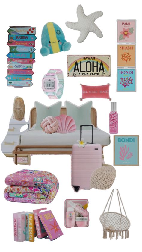 Colorful Beach Room, Room Ideas Beach Theme, Girls Beachy Bedroom, Beach Room Inspo Aesthetic, Surf Bedroom Aesthetic, Beach Room Decor Bedroom, Preppy Beach Room, Costal Vibe, Surfer Girl Room