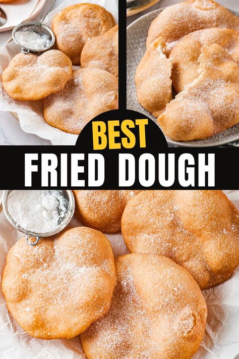 This fried dough recipe is so easy to make and tastes like it's straight from the fair! The fried dough is super crispy and crunchy on the outside, while being light and airy on the inside. Fried Yeast Rolls, Fried Dough Desserts, Pizza Dough Fried Dough, Easy Fried Food Recipes, Biscuits Dough Recipes, Dessert Dough Recipes, Elephant Ear Fried Dough, Fry Bread With Yeast, Fried Pastry Dough